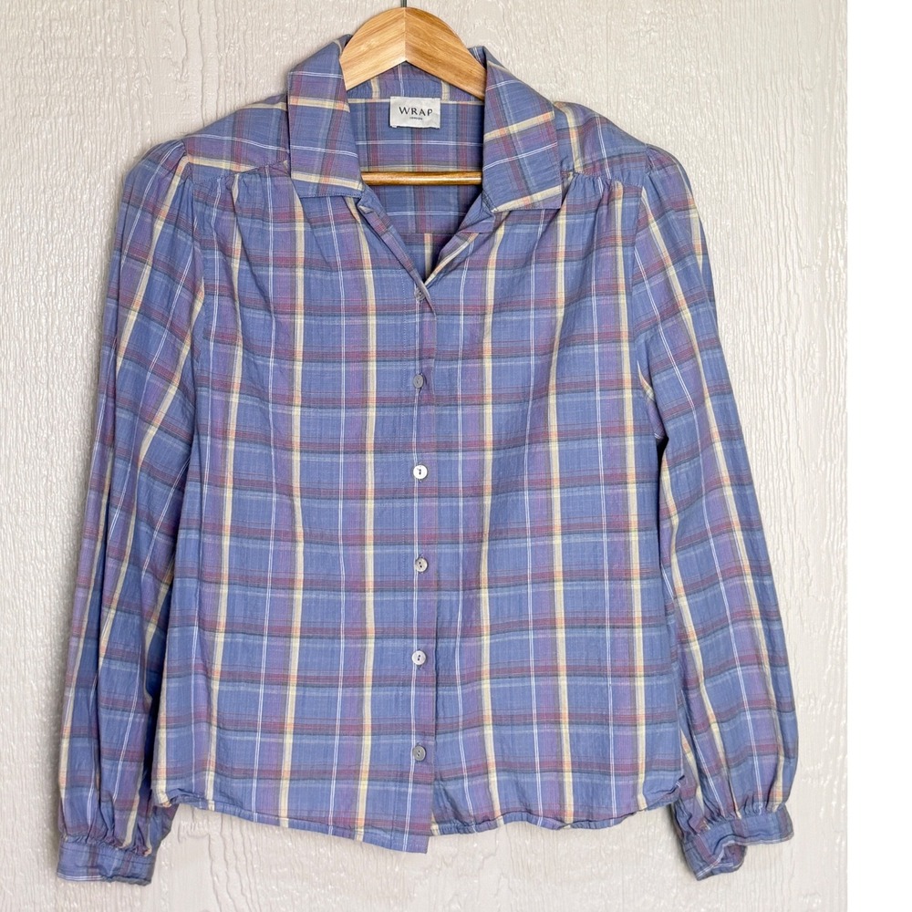 Wrap London Womens Blue Plaid Cotton Button Down Shirt Blouse Size US 14